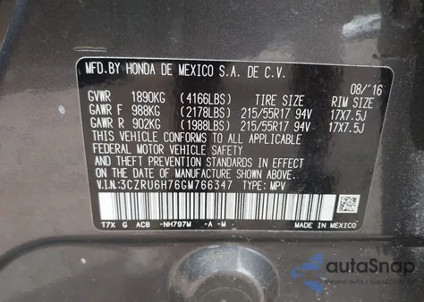 2016 Honda Hr-V Ex-L from USA, damaged, VIN 3CZRU6H76GM766347